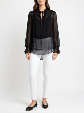 Massimo Dutti Black Sheer Pleated Blouse with Tie Detail